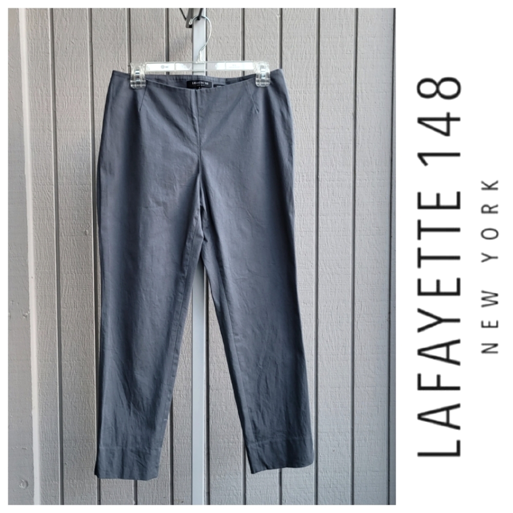 Stanton Slit Ankle Pants EUC Grey Clean Front Cotton Stretch Lafayette 148 NY